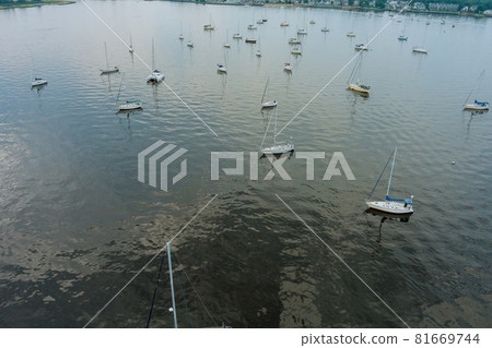 Aerial view of many yachts ocean boats with masts parking and floating Aerial view of many yachts ocean boats with masts parking and floating 81669744