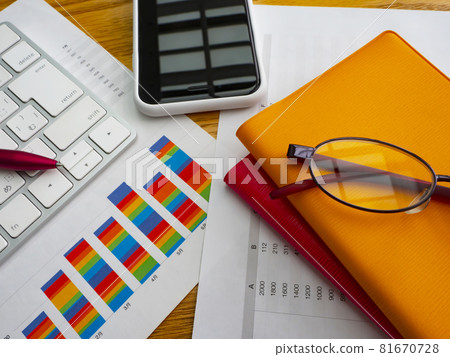 Business image, graph, keyboard, glasses, smartphone, notebook, women 81670728