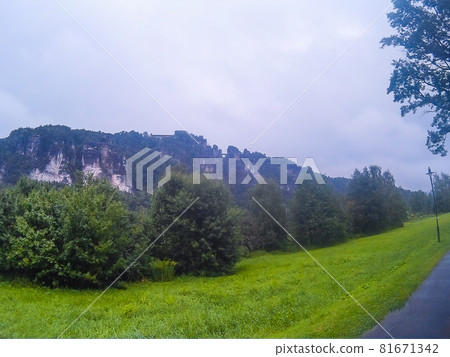 Germany, Bastei: View from viewpoint of Bastei in Saxon Switzerland, to Elbe river and Kurort Rathen, Germany, Bastei: View from viewpoint of Bastei in Saxon Switzerland, to Elbe river and Kurort Rathen, 81671342