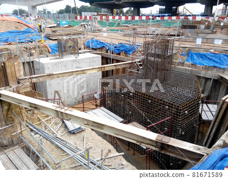 JOHOR, MALAYSIA -DECEMBER 9, 2015: Pile cap reinforcement bar fabricated by construction workers at the construction site in Johor, Malaysia. 81671589