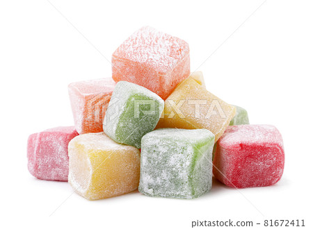 Heap of multi-colored Turkish delight on a white background. Isolated 81672411