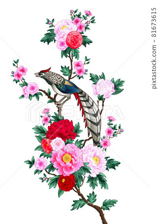 Blooming peonies branches and chinese pheasant in vertical canvas 81673615
