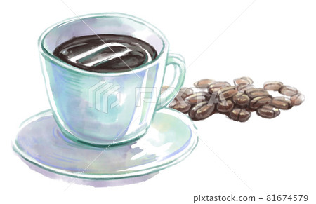 Watercolor illustration of coffee cups and coffee beans 81674579
