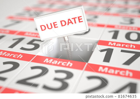 DUE DATE sign on March 16 in a calendar, 3d rendering 81674635