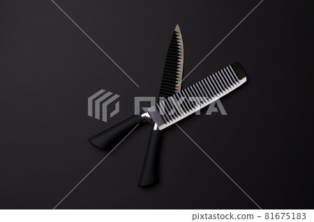 Black friday concept. Set of sharp kitchen knifes. Black knifes on dark background Black friday concept. Set of sharp kitchen knifes. Black knifes on dark background 81675183