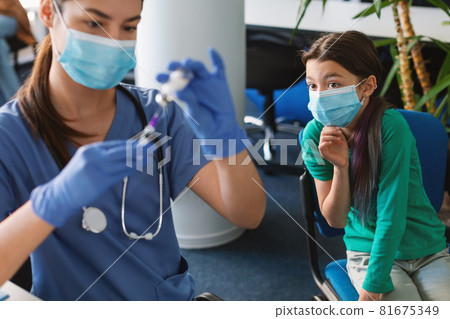 Scared Kid Looking At Nurse Physician With Syringe Scared Kid Looking At Nurse Physician With Syringe 81675349