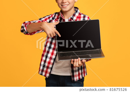 Smiling attractive teenager boy pupil showing finger at laptop with blank screen 81675526