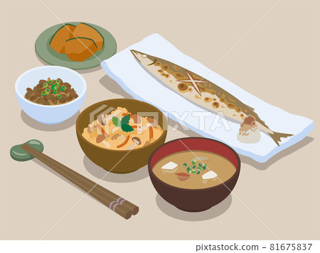 Vector illustration material of Ichiju Sansai Gozen of grilled saury Vector illustration material of Ichiju Sansai Gozen of grilled saury 81675837