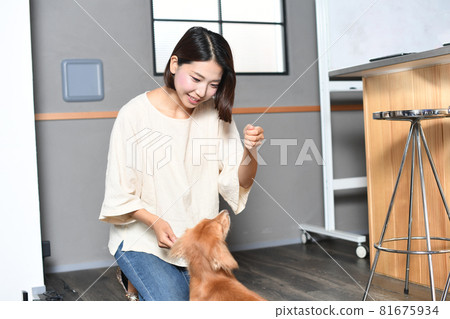 Young female owner disciplining a dog Young female owner disciplining a dog 81675934