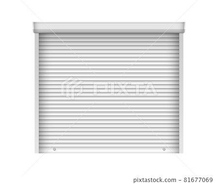 Realistic white shutter door for metal gate. Metal industrial rolling shutter mockup template. Closed roller garage door isolated on white background 81677069