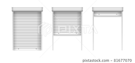 Set of realistic window blinds. Horizontal plastic window shutters. Closed and open jalousie mockup template 81677070