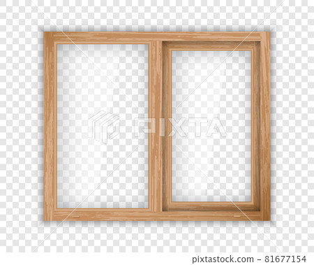 Realistic window with wood texture frame. Double casement wooden window mockup template. Windowpane frame and transparent pane for outdoor interior design. 81677154
