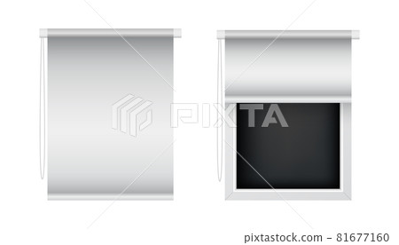 Closed and open window roller blinds. Realistic motorized shades, front view. Vector automatic roller blinds mockup for interior decoration design 81677160