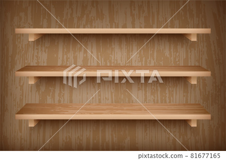 Set of wooden shelves on wall. Realistic bookshelves with wood texture. Grocery racks with brown wooden background. 81677165