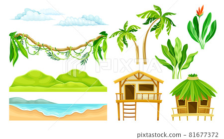 Tropical Landscape Element with Hut, Sea Shore and Green Exotic Foliage Vector Set Tropical Landscape Element with Hut, Sea Shore and Green Exotic Foliage Vector Set 81677372