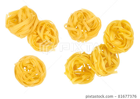 Raw tagliatelle pasta isolated on white background. Top view. Flat lay. Set or collection 81677376