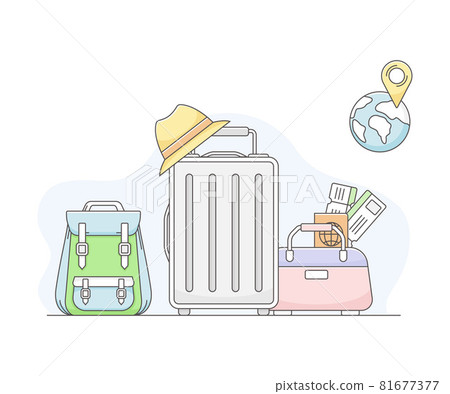 Travelling Around the World and Journey to Foreign Country for Vacation with Packed Suitcase and Backpack Line Vector Composition Travelling Around the World and Journey to Foreign Country for Vacation with Packed Suitcase and Backpack Line Vector Composition 81677377
