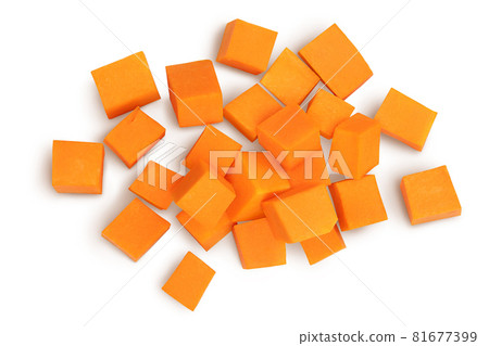 butternut squash diced isolated on white background with clipping path and full depth of field. Top view. Flat lay butternut squash diced isolated on white background with clipping path and full depth of field. Top view. Flat lay 81677399