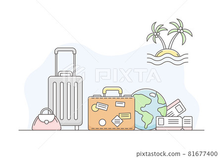 Travelling Around the World and Journey to Foreign Country for Vacation with Suitcase and Globe Line Vector Composition 81677400
