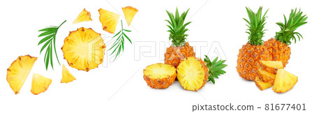 pineapple half and slices isolated on white background with full depth of field, Set or collection 81677401