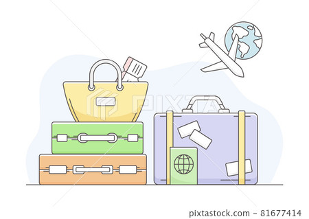 Travelling Around the World and Journey to Foreign Country for Vacation with Luggage and Suitcase Line Vector Composition 81677414