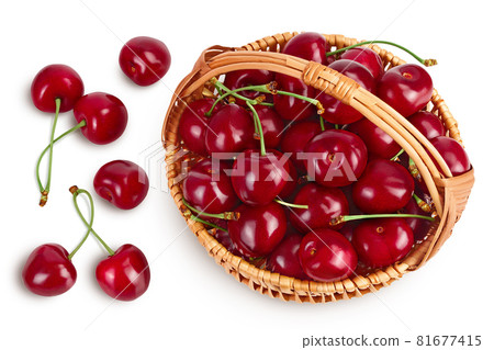 red sweet cherry in wicker basket isolated on white background with clipping path and full depth of field, Top view. Flat lay red sweet cherry in wicker basket isolated on white background with clipping path and full depth of field, Top view. Flat lay 81677415