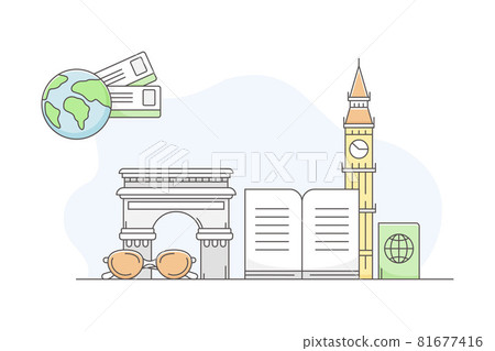 Travelling Around the World and Journey to Foreign Country for Vacation with Famous Landmark and Guide Book Line Vector Composition 81677416