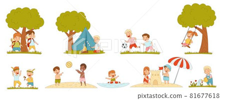 Children Enjoying Summer Camping and Playing Ball on Beach Vector Set 81677618