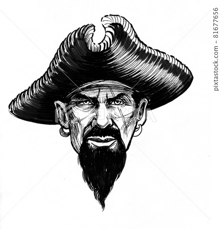 Pirate captain head. Ink black and white drawing Pirate captain head. Ink black and white drawing 81677656