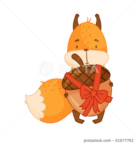 Funny Orange Squirrel Character with Bushy Tail Holding Acorn Tied with Ribbon and Bow Vector Illustration 81677762
