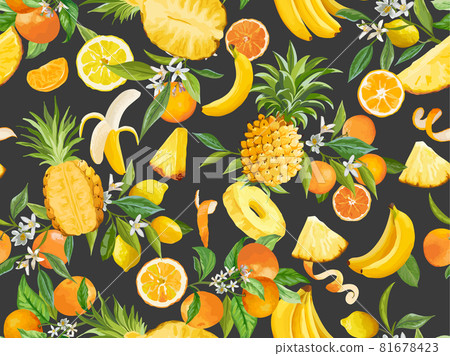 Watercolor pineapple, banana, lemon, mandarin, orange seamless pattern. Summer tropic fruits, leaves 81678423