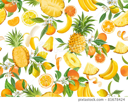 Watercolor pineapple, banana, lemon, mandarin, orange seamless pattern. Summer tropic fruits, leaves 81678424