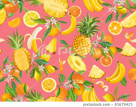 Tropical watercolor pineapple, banana, lemon, mandarin, orange seamless background. Summer exotic fruits 81678425
