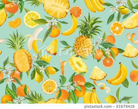 Seamless pineapple, banana, lemon, mandarin, orange pattern with summer fruits, leaves, flowers background 81678426