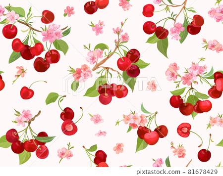 Watercolor cherry seamless pattern. Summer berries, fruits, leaves, flowers background Watercolor cherry seamless pattern. Summer berries, fruits, leaves, flowers background 81678429