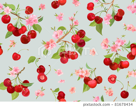 Seamless cherry pattern with summer berries, fruits, leaves, flowers background 81678434