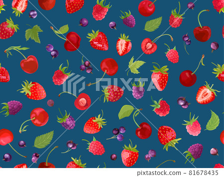 Watercolor cherry, strawberry, raspberry, black currant seamless pattern. Summer berries, fruits, leaves 81678435