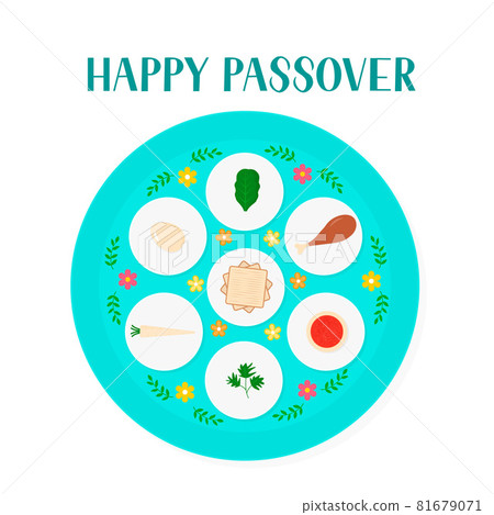 Passover ceder plate with traditional food isolated on white. Jewish holiday Easter. Easy to edit vector template for poster, greeting card, banner, invitation, postcard, flyer, sticker, etc. Passover ceder plate with traditional food isolated on white. Jewish holiday Easter. Easy to edit vector template for poster, greeting card, banner, invitation, postcard, flyer, sticker, etc. 81679071
