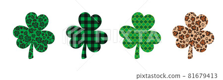 Set of 4 Shamrock or clover leaves made of Leopard print, buffalo plaid, arabesque tile. Saint Patricks Day symbol. Vector template for St. Patrick s Day banner, poster, flyer, sticker, postcard Set of 4 Shamrock or clover leaves made of Leopard print, buffalo plaid, arabesque tile. Saint Patricks Day symbol. Vector template for St. Patrick s Day banner, poster, flyer, sticker, postcard 81679413