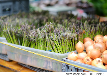 Fresh bio herbs and vegetables on street farmer market. Typical local agricultural fair of weekend. Sale of organic asparagus and onion 81679945
