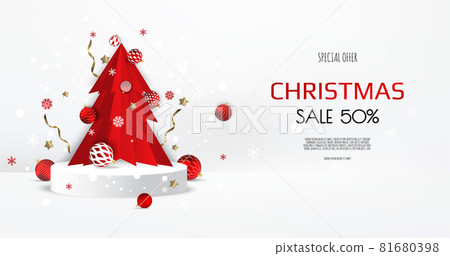 Christmas podium with snowflakes and paper trees,xmas balls. Blank pedestal. Vector illustration. 81680398