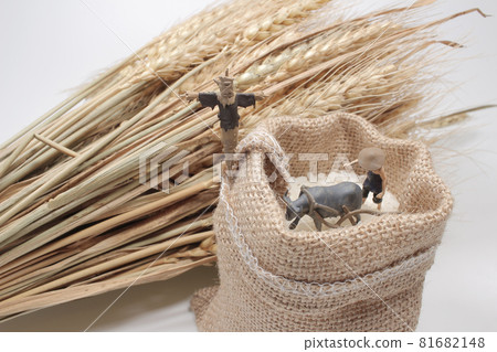 a mini farmer with the Rice in burlap sack a mini farmer with the Rice in burlap sack 81682148