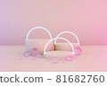 Pastel pink minimal three 3d background with neon effect. Poster design with studio podium platform, glass balls and glowing spheres. Abstract 3d render. Minimal stage for business concept. 81682760