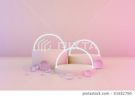 Pastel pink minimal three 3d background with neon effect. Poster design with studio podium platform, glass balls and glowing spheres. Abstract 3d render. Minimal stage for business concept. 81682760