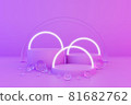 Pastel violet minimal three 3d background with neon effect. Poster design with studio podium platform, glass balls and glowing spheres. Abstract 3d render.  81682762