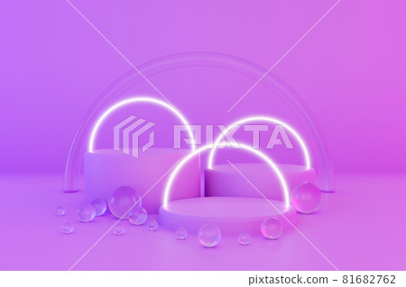 Pastel violet minimal three 3d background with neon effect. Poster design with studio podium platform, glass balls and glowing spheres. Abstract 3d render.  81682762