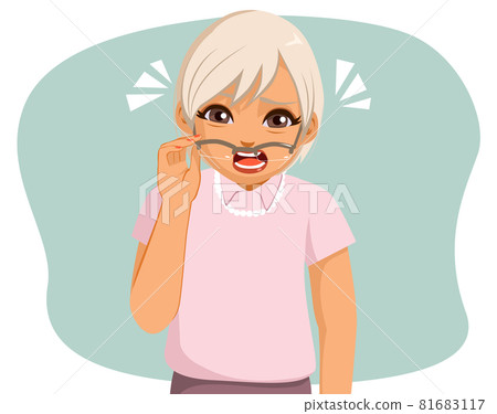 Old granny holding her eyeglasses and squinting to see vision problems concept Old granny holding her eyeglasses and squinting to see vision problems concept 81683117