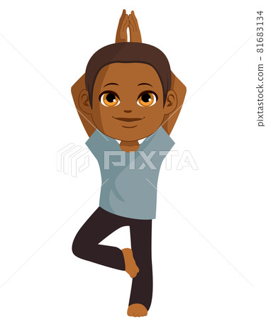 Cute little black child boy making yoga tree pose Cute little black child boy making yoga tree pose 81683134