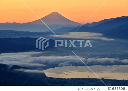 Mt. Fuji and Lake Suwa from Takabotchiyama 81683806