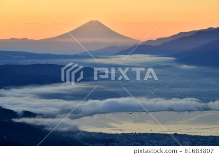 Mt. Fuji and Lake Suwa from Takabotchiyama 81683807